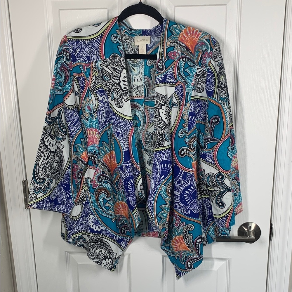 Chicos open front colorful printed linen blazer size large